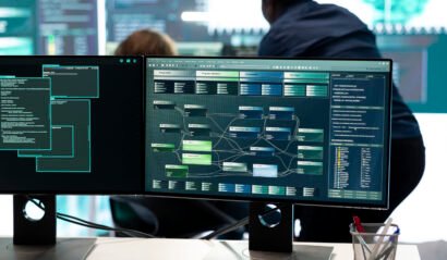 Cyber defense specialist examining information on a big screen in governmental center, focusing on cyber security operations and digital threats. Hacker ensures protection against cybercriminals.